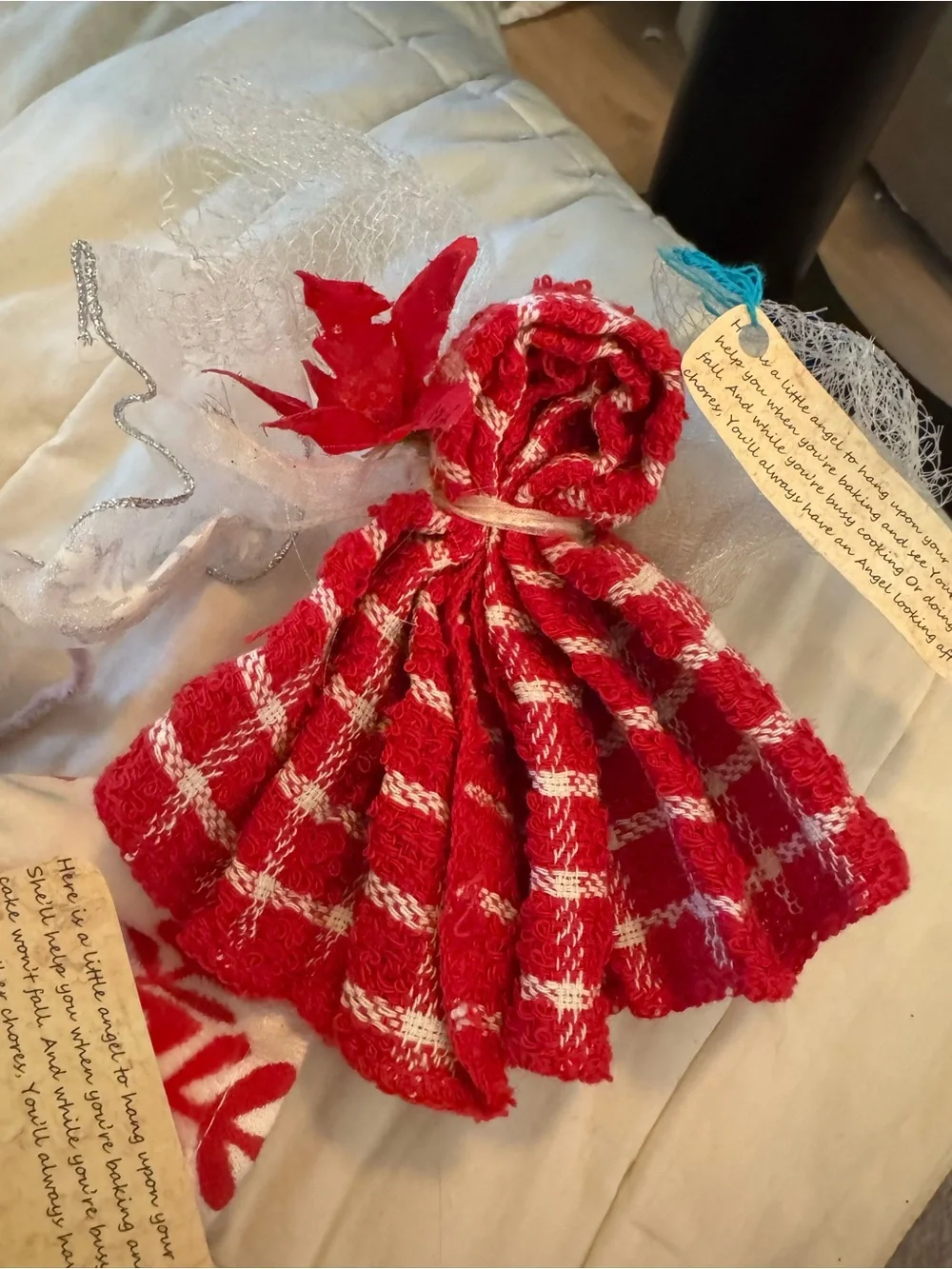 Handmade Holiday wash cloth angels - Teal, Red, White